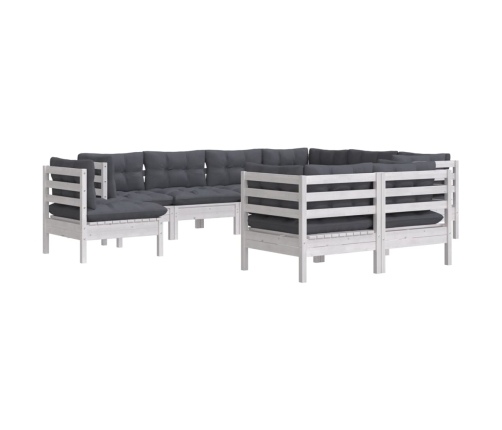 Muebles de jardín 9 pzas y cojines blanco madera maciza de pino