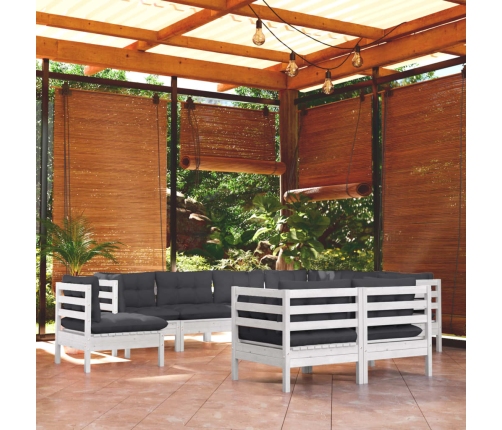 Muebles de jardín 9 pzas y cojines blanco madera maciza de pino