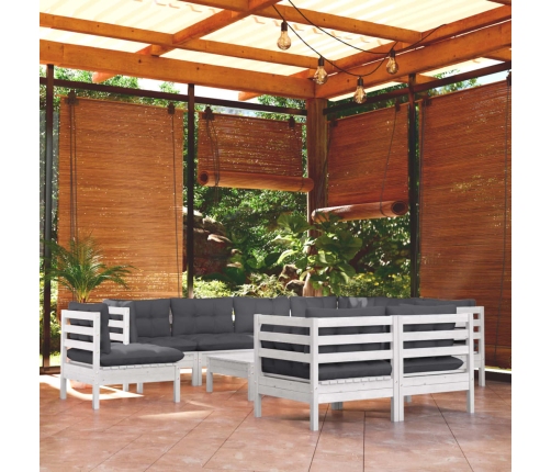 Muebles de jardín 10 pzas con cojines blanco madera maciza pino