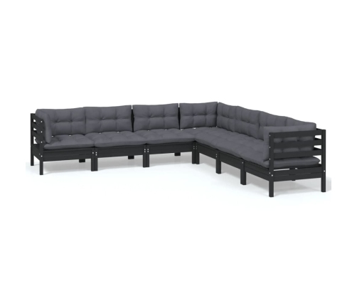 Muebles de jardín 7 pzas y cojines negro madera maciza de pino