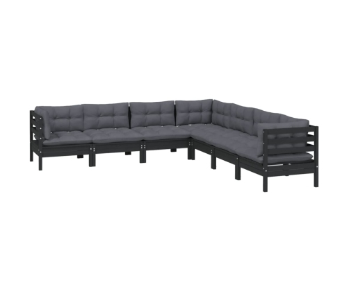 Muebles de jardín 7 pzas y cojines negro madera maciza de pino