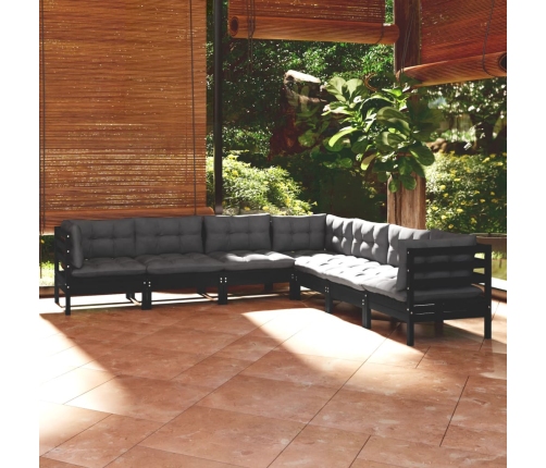 Muebles de jardín 7 pzas y cojines negro madera maciza de pino