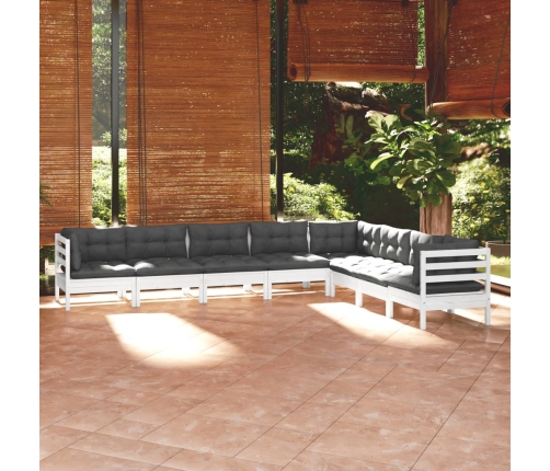 Muebles de jardín 8 pzas y cojines blanco madera maciza de pino