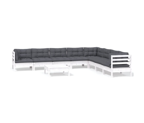 Muebles de jardín 9 pzas y cojines blanco madera maciza de pino