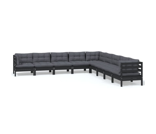Muebles de jardín 9 pzas y cojines negro madera maciza de pino