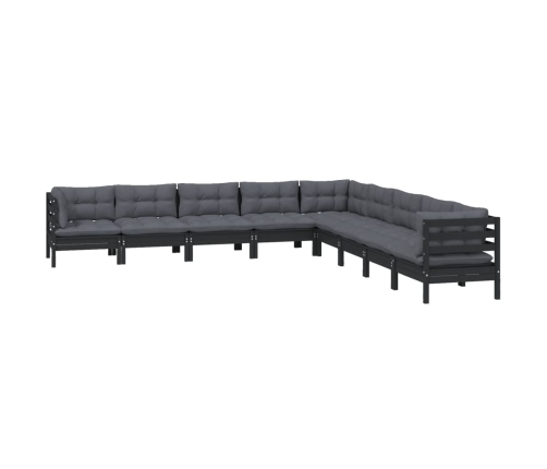 Muebles de jardín 9 pzas y cojines negro madera maciza de pino