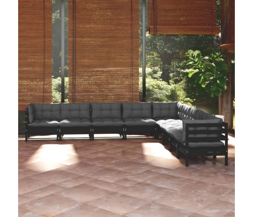 Muebles de jardín 9 pzas y cojines negro madera maciza de pino