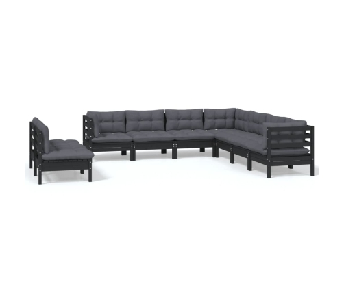 Muebles de jardín 9 pzas y cojines negro madera maciza de pino