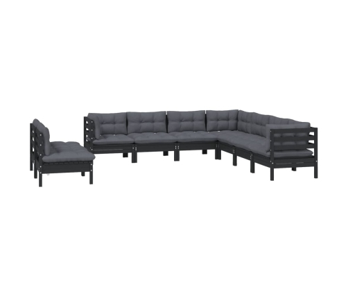 Muebles de jardín 9 pzas y cojines negro madera maciza de pino