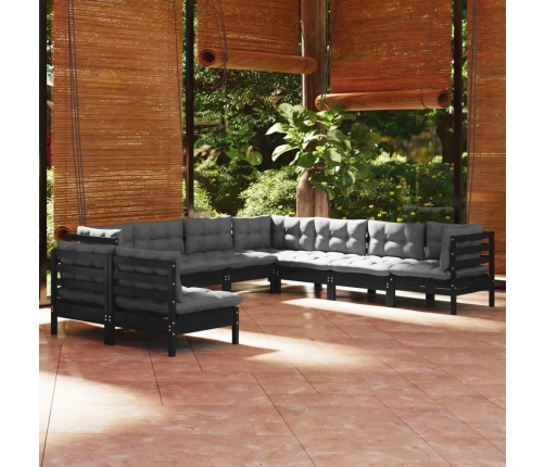 Muebles de jardín 9 pzas y cojines negro madera maciza de pino