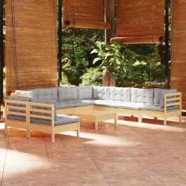 Juego de muebles de jardín 10 pzas y cojines madera maciza pino