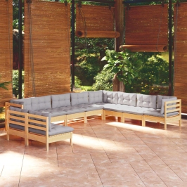 Juego de muebles de jardín 10 pzas y cojines madera maciza pino