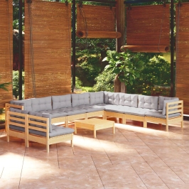 Juego de muebles de jardín 11 pzas y cojines madera maciza pino