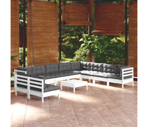 Muebles de jardín 11 pzas con cojines blanco madera de pino