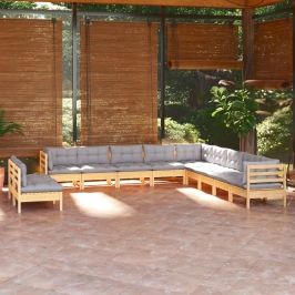 Juego de muebles de jardín 11 pzas y cojines madera maciza pino