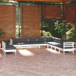 Muebles de jardín 11 pzas y cojines blanco madera maciza pino