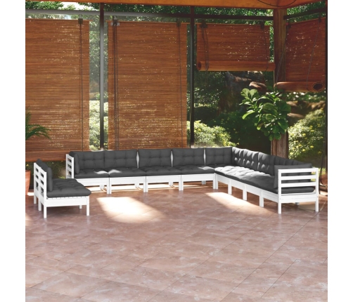 Muebles de jardín 11 pzas y cojines blanco madera maciza pino