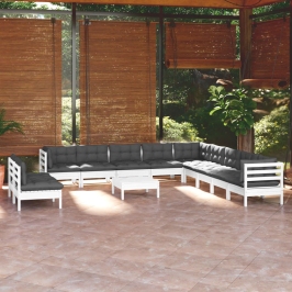 Muebles de jardín 12 pzas con cojines blanco madera maciza pino