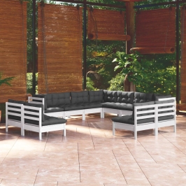 Muebles de jardín 11 pzas y cojines blanco madera maciza pino