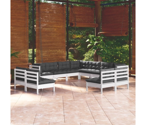 Muebles de jardín 11 pzas y cojines blanco madera maciza pino