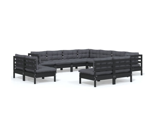 Muebles de jardín 11 pzas y cojines negro madera maciza de pino