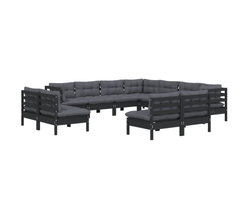 Muebles de jardín 11 pzas y cojines negro madera maciza de pino