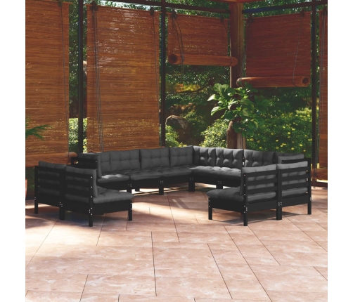 Muebles de jardín 11 pzas y cojines negro madera maciza de pino