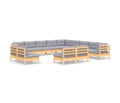 Muebles de jardín 13 pzas y cojines madera maciza de pino gris
