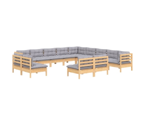 Muebles de jardín 13 pzas y cojines madera maciza de pino gris