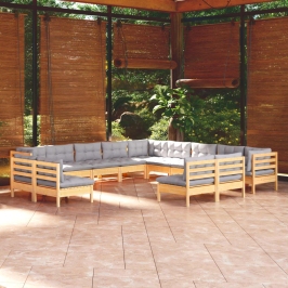Muebles de jardín 13 pzas y cojines madera maciza de pino gris