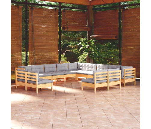 Muebles de jardín 13 pzas y cojines madera maciza de pino gris