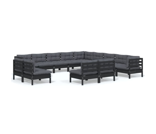 Muebles de jardín 13 pzas y cojines negro madera maciza de pino