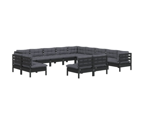 Muebles de jardín 13 pzas y cojines negro madera maciza de pino