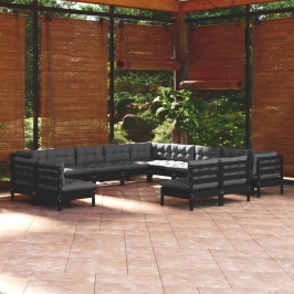 Muebles de jardín 13 pzas y cojines negro madera maciza de pino