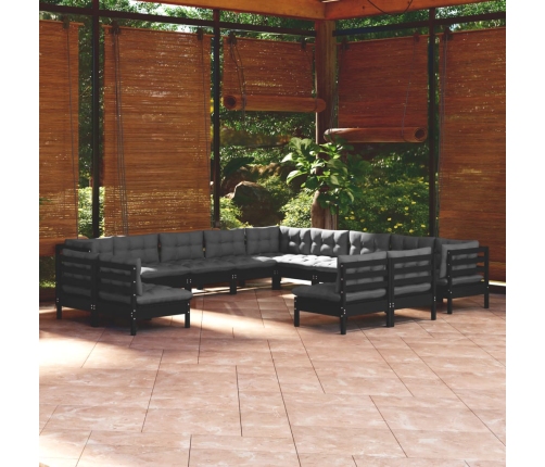 Muebles de jardín 13 pzas y cojines negro madera maciza de pino