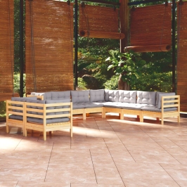 Juego de muebles de jardín 9 pzas y cojines madera maciza pino