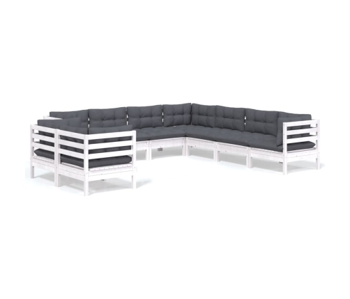 Muebles de jardín 9 pzas y cojines blanco madera maciza de pino