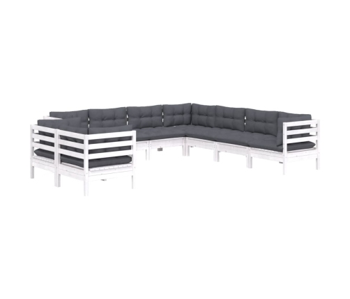 Muebles de jardín 9 pzas y cojines blanco madera maciza de pino
