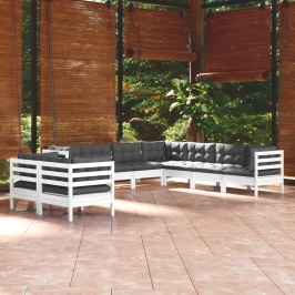 Muebles de jardín 9 pzas y cojines blanco madera maciza de pino