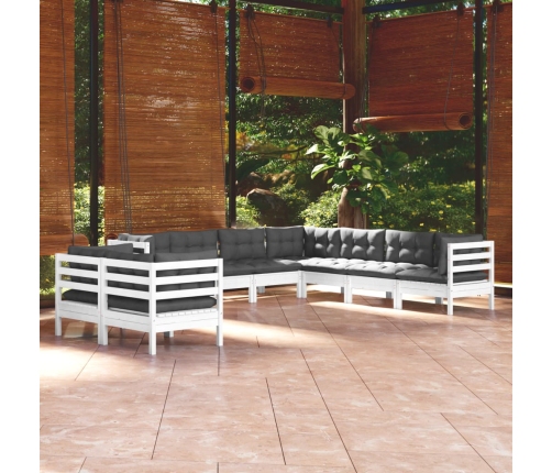 Muebles de jardín 9 pzas y cojines blanco madera maciza de pino