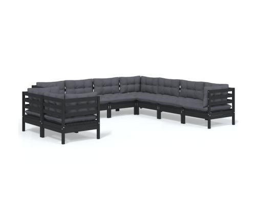 Muebles de jardín 9 pzas y cojines negro madera maciza de pino