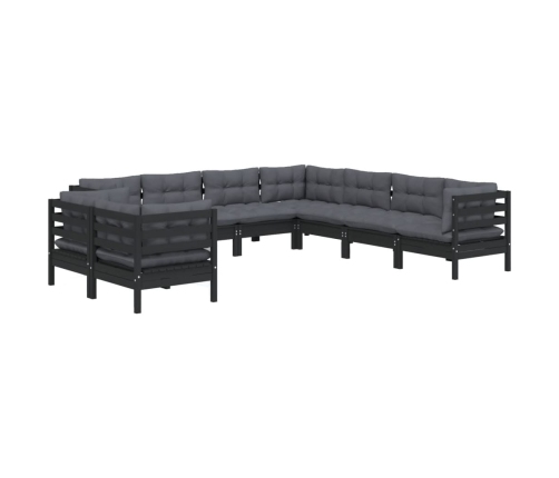 Muebles de jardín 9 pzas y cojines negro madera maciza de pino