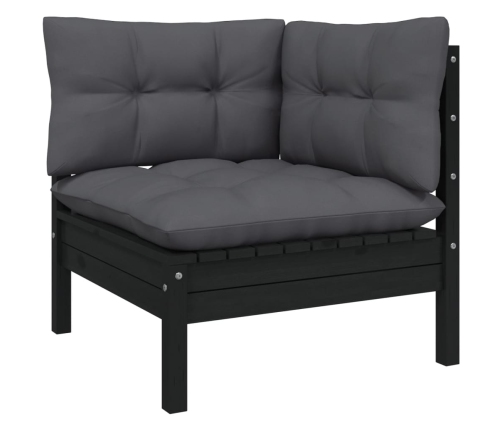 Muebles de jardín 9 pzas y cojines negro madera maciza de pino