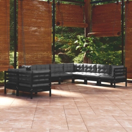 Muebles de jardín 9 pzas y cojines negro madera maciza de pino
