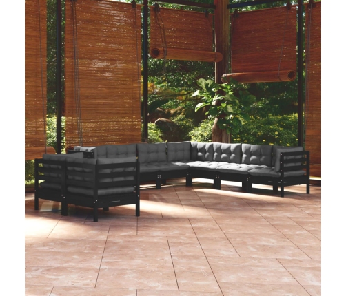 Muebles de jardín 9 pzas y cojines negro madera maciza de pino