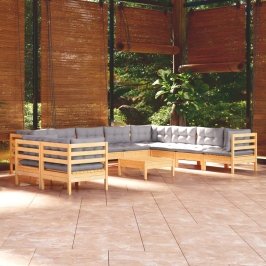 Juego de muebles de jardín 11 pzas y cojines madera maciza pino