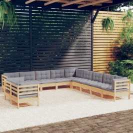 Juego de muebles de jardín 11 pzas y cojines madera maciza pino