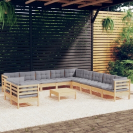 Juego de muebles de jardín 12 pzas y cojines madera maciza pino