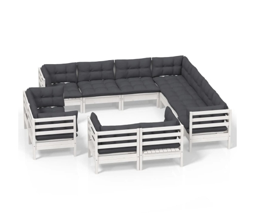 Muebles de jardín 11 pzas y cojines blanco madera maciza pino