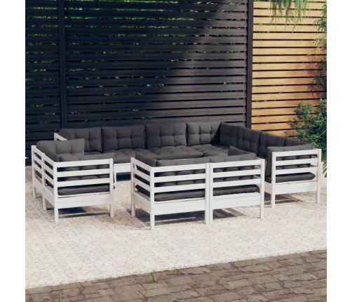 Muebles de jardín 11 pzas y cojines blanco madera maciza pino